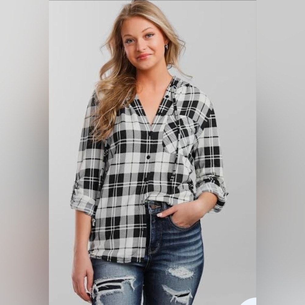 Eden & Olivia Plaid Long Sleeve Button Down Hoodie, 1X